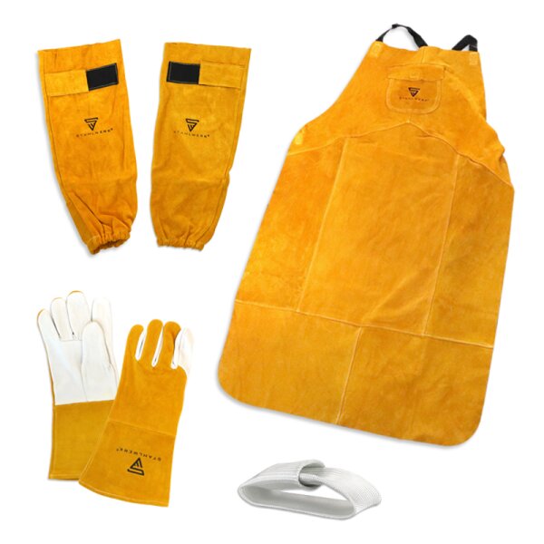 Conjunto de ropa de protecci&oacute;n - delantal de soldadura + guantes de soldadura + mangas de soldadura + dedo TIG