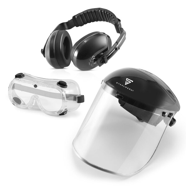 Set de protecci&oacute;n laboral STAHLWERK AS-2 con protecci&oacute;n auditiva, gafas de seguridad / gafas de cesta y pantalla facial para trabajar con seguridad.